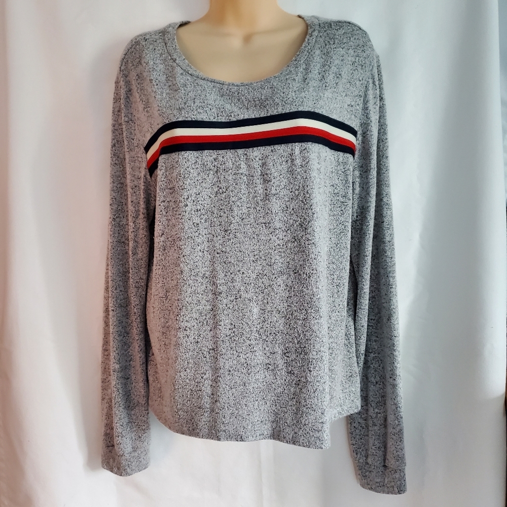 Womens Gaze Gray Blue White Red Stripe Long Sleeve Lightweight Top Size L